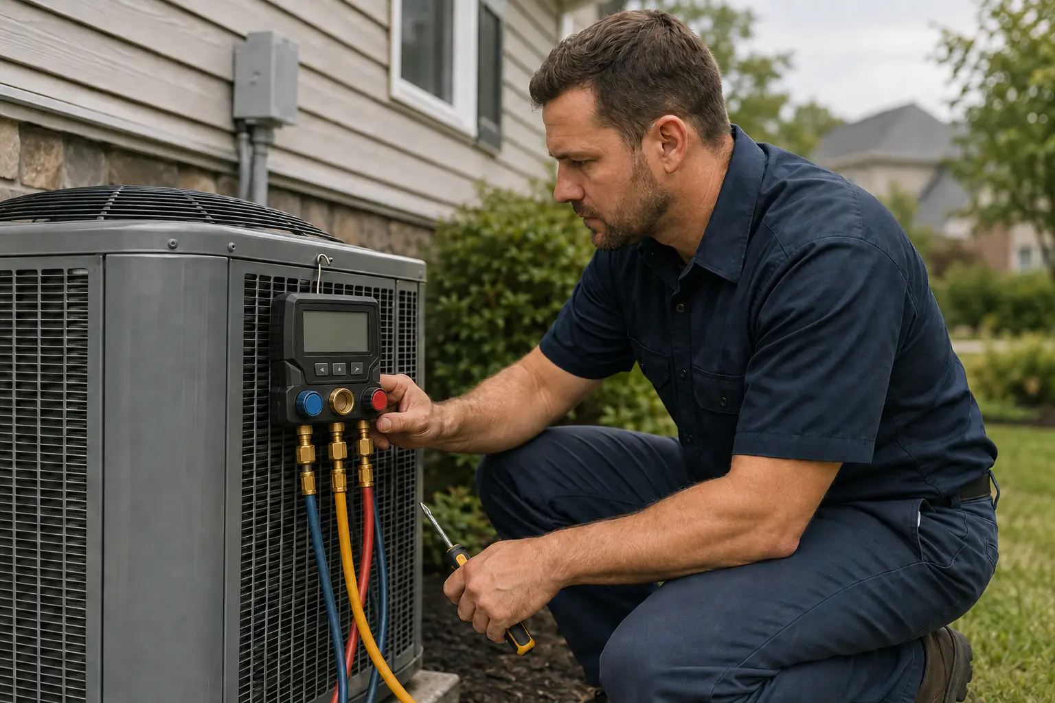 HVAC technician carefully checking an outdoor air conditioning system
