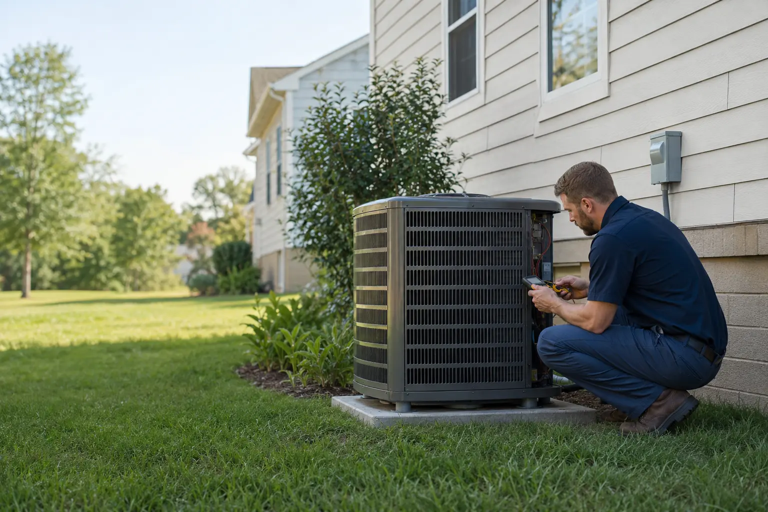 HVAC technician inspecting a residential outdoor air conditioning system
